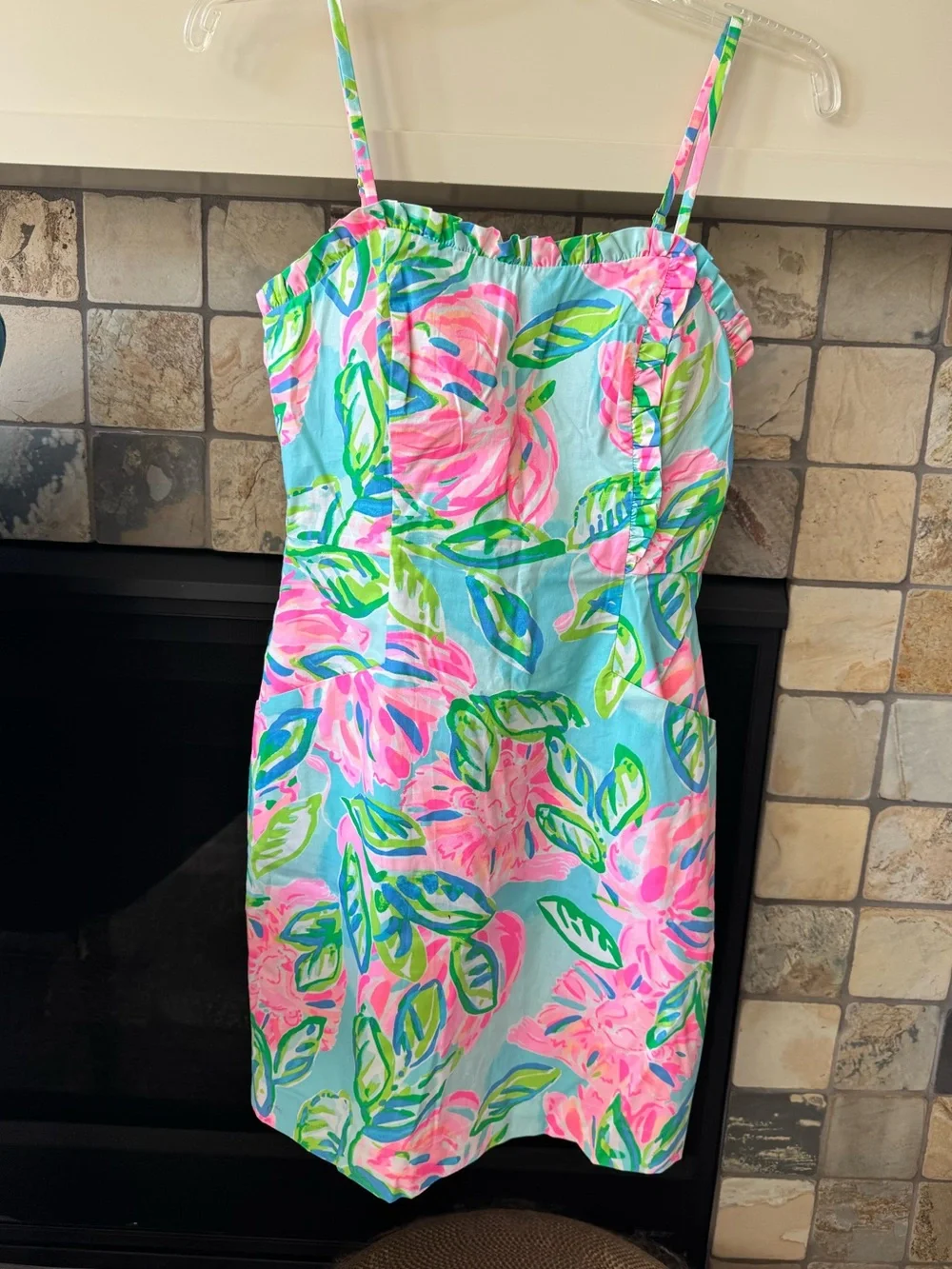 Tropical Floral Mini Dress Pink Aqua Ruffle Strappy Vacation Resort- worn once